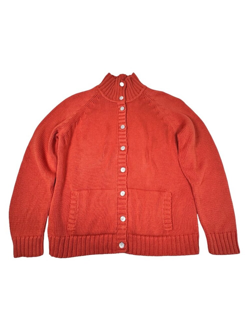 Lands End Cotton Button Up Cardigan XL Heavyweight Mock Neck Coral Lagenlook